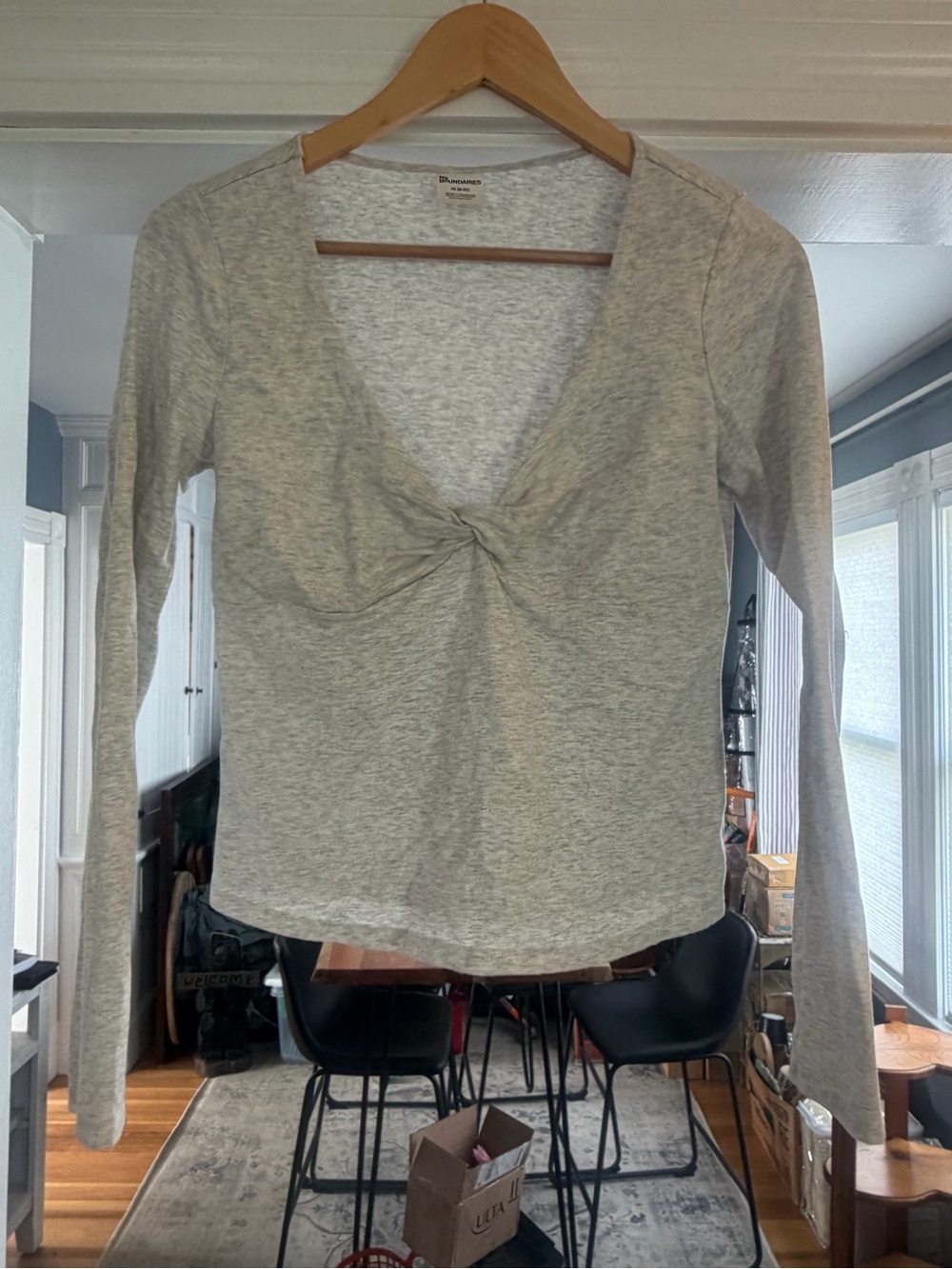 No Boundaries Light Gray Knot-Front Long Sleeve Top 100% cotton